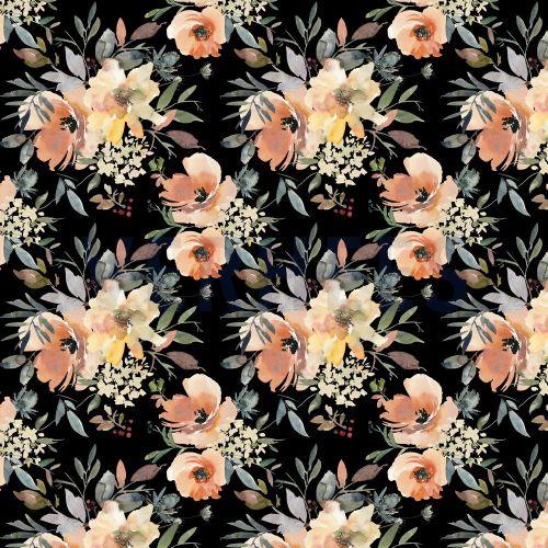 French terry Digital Flowers, Black